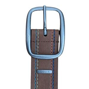 Y2K Relic x Fossil XL Belt Mocha Rainbow Stitching Faux Leather Silver Studs 40"